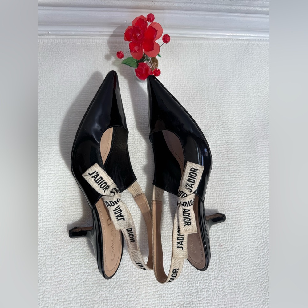 Authentic Dior Black Patent Slingback Pumps with J'Adior Ribbon Detail Size 36 - Picture 6 of 12
